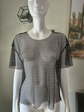 Black Short-Sleeve Fishnet Tee - Women's Layering Top